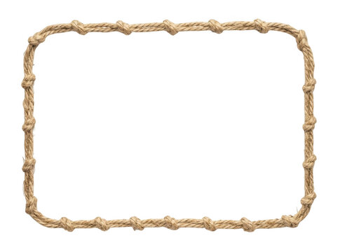 Rope frame constructed with thick knotted hemp strands creates a rustic rectangular border isolated on white.