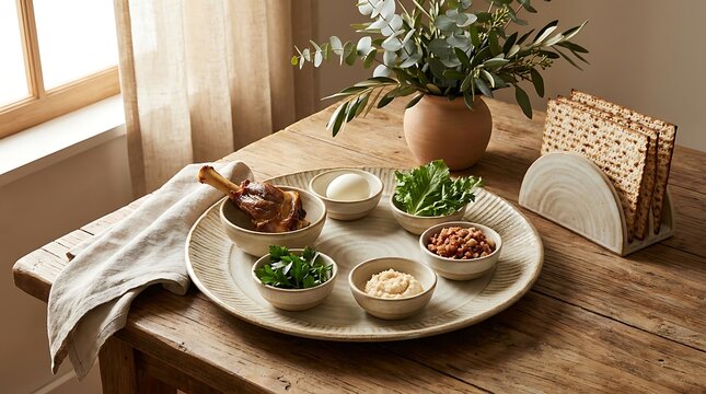 Healthy appetizers and snacks on a round plate served on a wooden table in a sunny home kitchen. Seder plate recipes