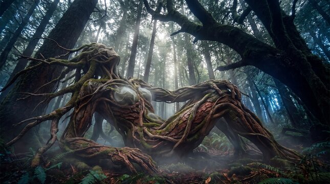 Root sculpture embodying life within the mystical, overgrown forest setting.