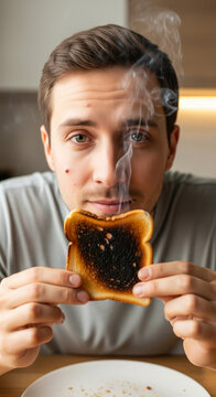 Close up of young man with acne holding smoking burnt toast in kitchen showing funny breakfast fail
