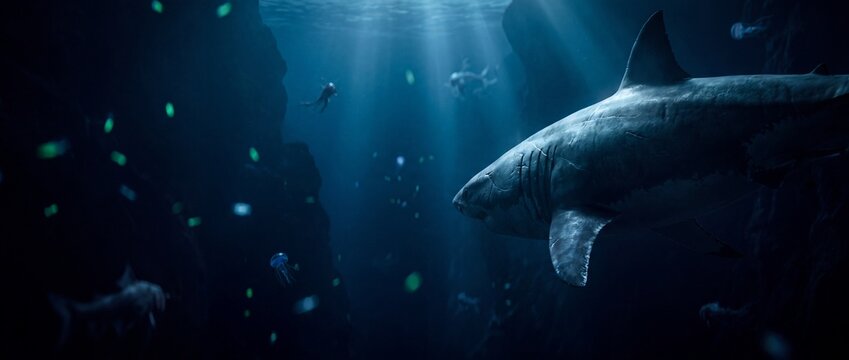 Great white shark swimming through mysterious deep ocean trench depths.