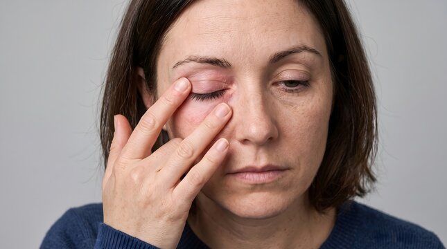 Woman with Swollen, Red Eye Experiencing Discomfort