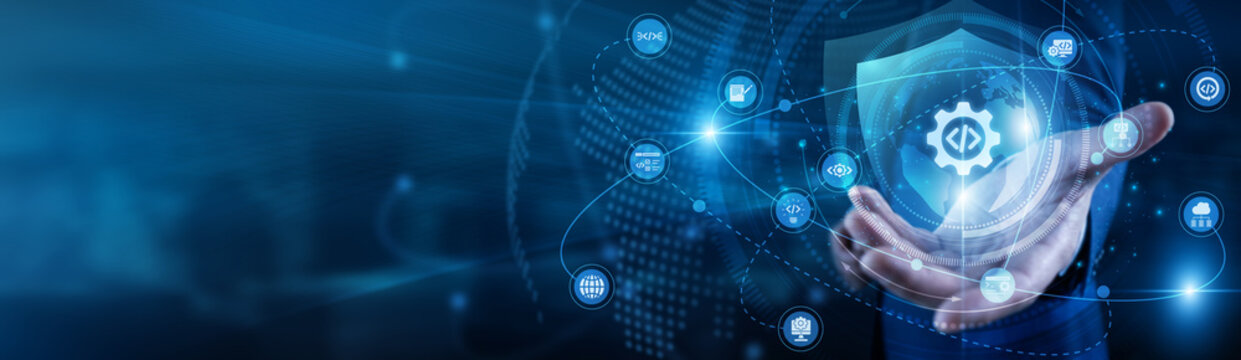 Code engineer hand-holds Software Development global network code. Programmer working on laptop building backend logic and apps. Efficient system design and full stack tech solutions.