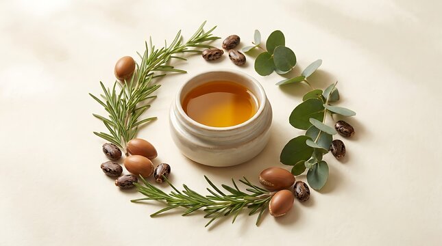 Natural cosmetic face cream jar with rosemary leaves and olives arranged in a circular wreath. thickening hair oil