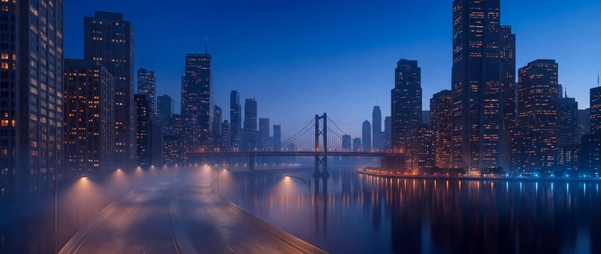 Modern cityscape under deep blue hour, featuring a suspension bridge and street.