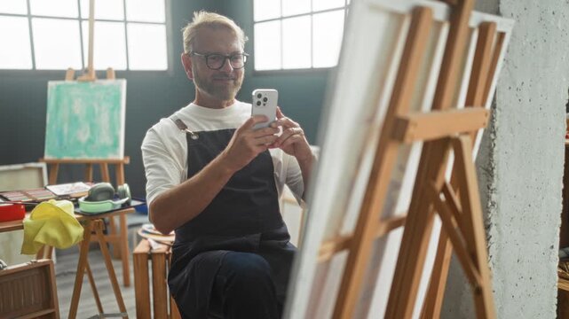 Man painter in apron seated on stool holding smartphone and smiling at easel with canvas in studio; creative contentment.