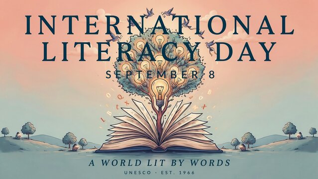 International literacy day poster with open book and lightbulb