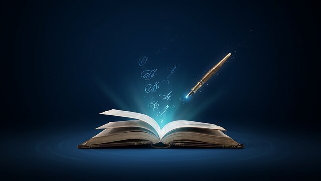 Magic quill writing spell over open book