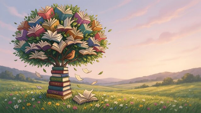 Whimsical book tree in a field at sunset