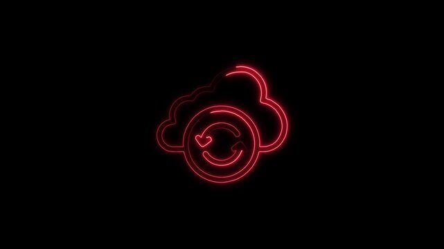 Neon cloud icon animation, Glowing neon cloud storage with arrows, arrow symbolizing data download or cloud storage on a dark background