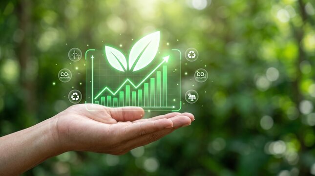 Sustainable growth digital chart floating above human hand against blurred natural forest background
