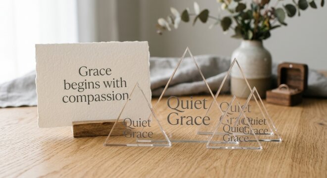 Acrylic Geometric Trophies Displaying 'Quiet Grace' with Inspirational Text on Wooden Table