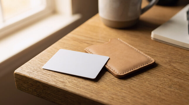 Dabit card mockup featuring a blank white plastic payment card and a handcrafted leather card holder resting on a rustic wooden desk workspace surface