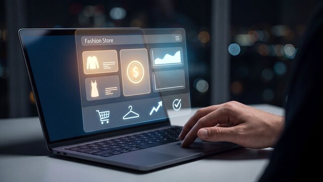 Fashion ecommerce analytics dashboard, professional using laptop with online store interface showing clothing listings, revenue chart, cart and performance icons, retail management and sales reporting