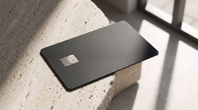 A blank black credit card mockup with a metallic EMV chip resting on a textured stone surface with natural sunlight casting elegant shadows on the table