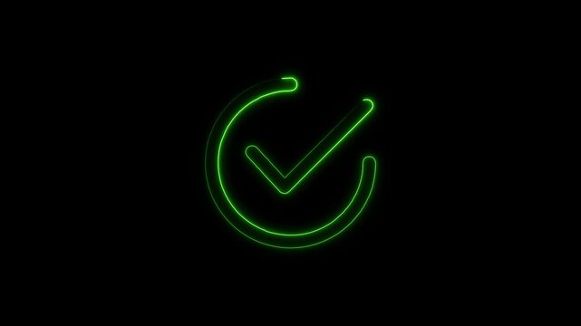 checkmark inside a circle animated. glowing neon line check mark icon glowing neon tik mark icon on the black background.