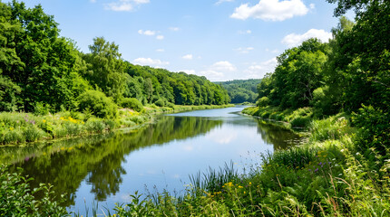 Fototapeta premium A serene river flowing through a lush green forest on a bright sunny day.