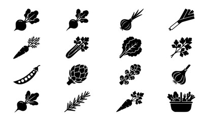 Fototapeta premium Hand Drawn Vegetable and Botanical Icon Set with Radishes, Carrots, Peas, Garlic, Leaves, Berries and Potted Plants