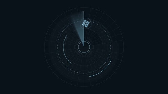 Radar Screen Displaying a Ship Icon with Concentric Circles and Glowing Lines. Futuristic Navigation System Concept.