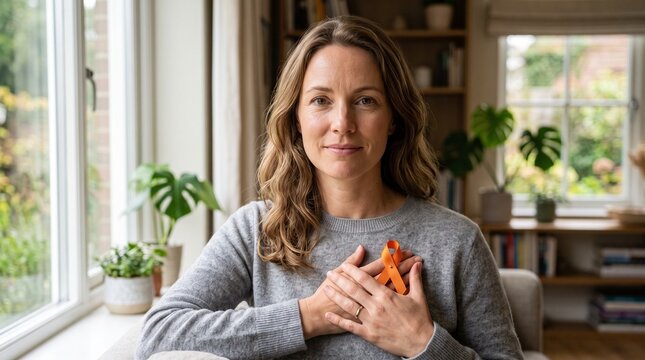 Empathetic woman holding orange ribbon for awareness. Portrait of female supporter with cancer awareness symbol. Healthcare advocacy and support.