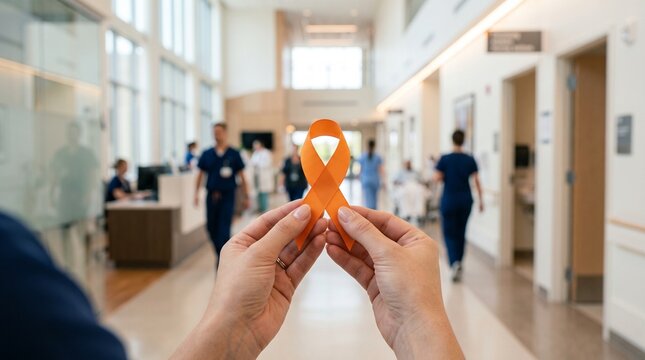 Orange awareness ribbon held in hands, leukemia and kidney cancer support symbol, medical clinic hallway with blurred doctors