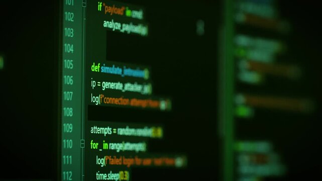 Close up computer monitors displaying fictional programming code and software development interface, technology workspace concept