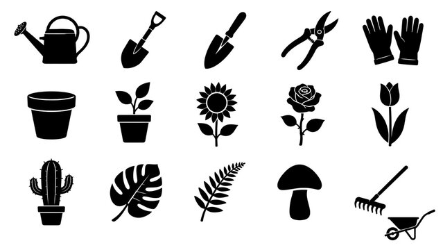 Gardening icons collection black silhouettes of tools plants and flowers