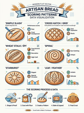 Artisan Bread Scoring Patterns Infographic with Data Visualization and Baking Process Steps