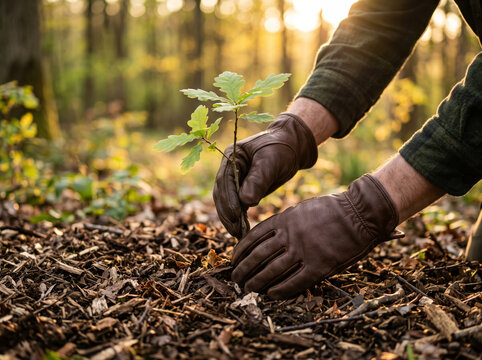 Hands Planting Small Oak Seedling In Forest Soil Cover