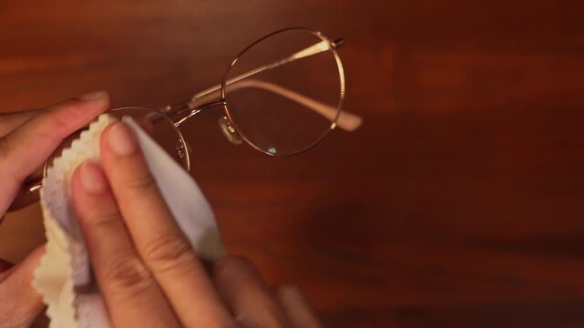 Close up shot of woman hands carefully wiping eyeglasses lenses front and back with soft microfiber cloth, vision optics care and maintenance concept.