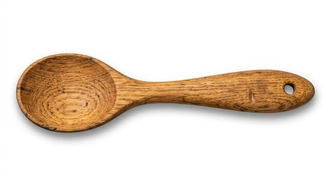 Rustic wooden spoon isolated on white background for cooking and food preparation concepts.