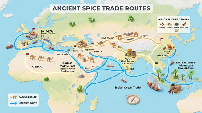 Ancient Spice Trade Routes Map Infographic showing Maritime and Caravan Paths