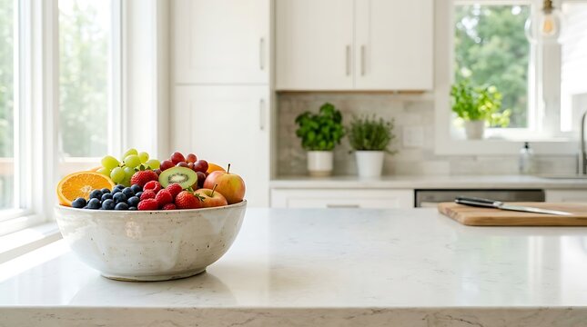 Fresh healthy bowl of mixed fruits on a modern white kitchen island countertop