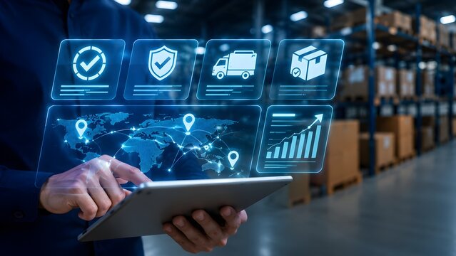 Businessman hand holding tablet with glowing holographic global logistics interface. Concept of supply chain management, international shipping tracking, and ecommerce delivery network.