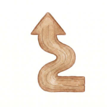 Watercolor hand-drawn winding wooden arrow pointing upwards, isolated on white. Perfect for rustic infographics, non-linear progress concepts, digital planner stickers, and adventure maps.