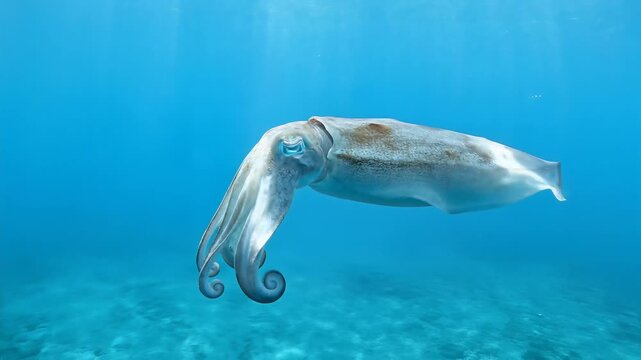 Majestic cuttlefish gracefully swimming in sunlit turquoise ocean waters, a captivating underwater ballet showcasing its translucent body and tentacles, symbolizing marine life, oceanography