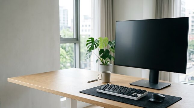 Minimalist modern home office setup with monitor, keyboard, mouse, and plant on desk
