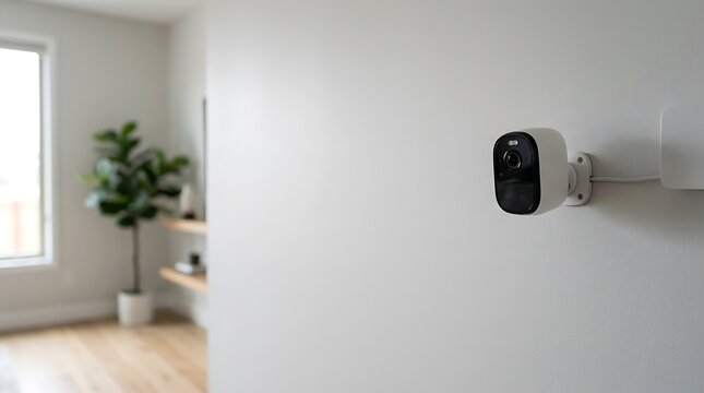 A Minimalist Wireless Smart Security Camera Mounted on a Neutral Interior Wall at Home