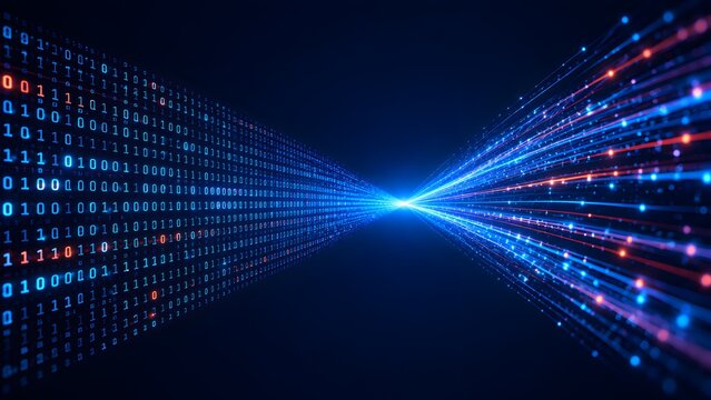 Glowing blue binary code transforming into fast fiber optic light trails. Concept of big data transmission and artificial intelligence network.