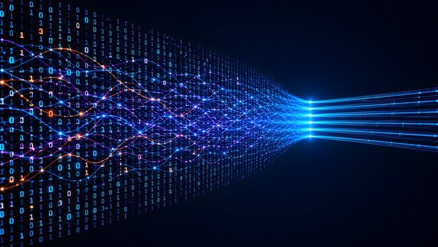 Glowing blue binary code merging into wavy digital light streams. Concept of artificial intelligence processing and telecommunication network.