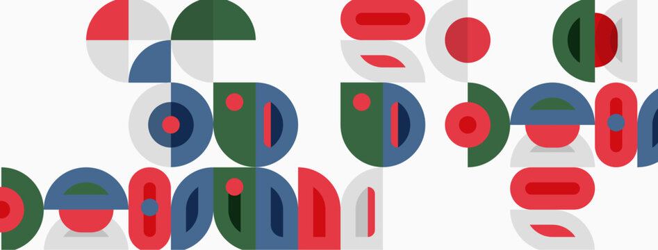 Abstract geometric shapes overlap. Colors include red, green, blue, gray. Minimalist design with playful composition.