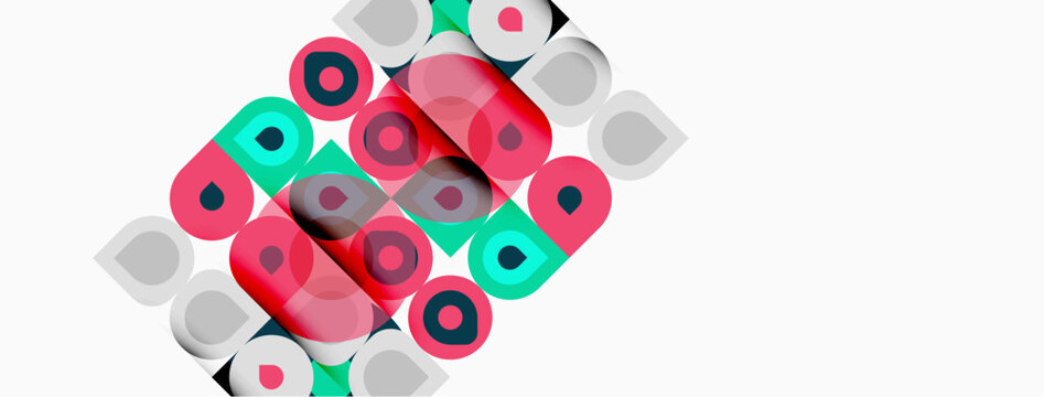 Colorful rounded squares overlap, creating abstract pattern. Pink, teal, white dominate composition. Minimalist design, geometric shapes present.