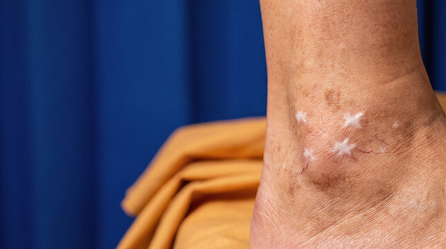 atrophie blanche scarring on human ankle close up showing white stars and skin discoloration