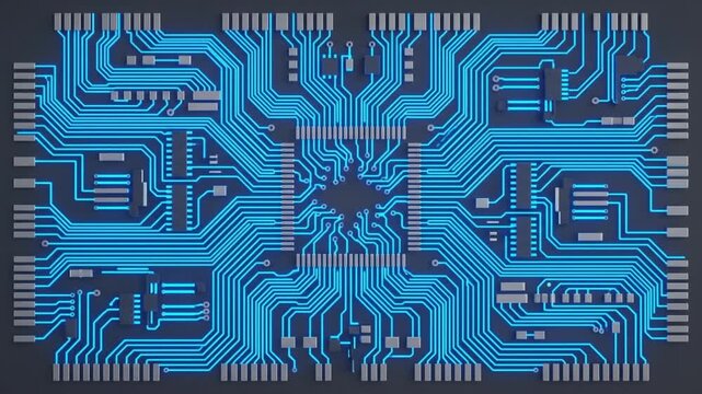 カーボン調のパネルがネオンブルーに輝くAIマイクロチップが現れる、俯瞰視点の抽象CG背景