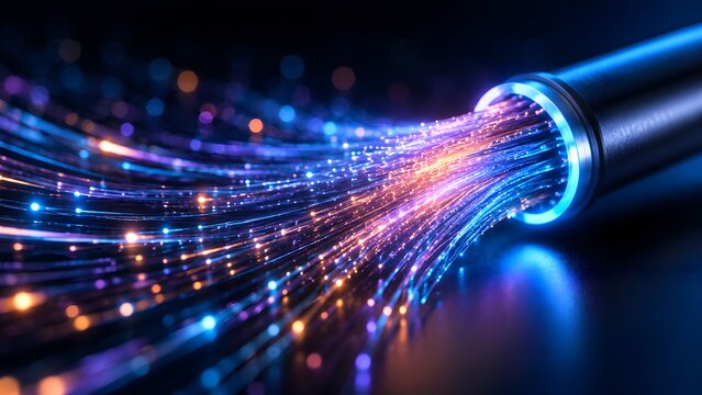 Fiber optic cable end projecting glowing multi colored light particles. Concept of broadband internet speed, and high bandwidth data transfer.
