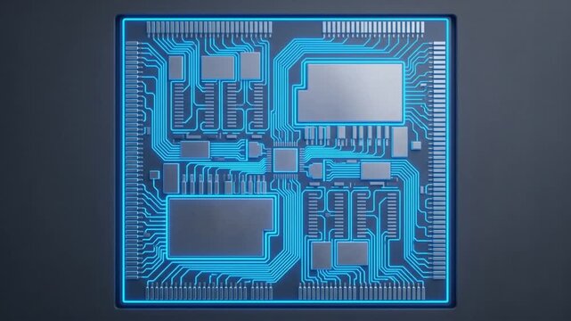 カーボン調のパネルが左右に開きネオンブルーに輝くAIマイクロチップが現れる、俯瞰視点の抽象CG背景