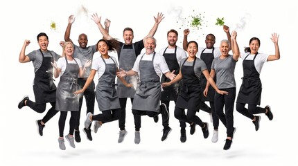 Obraz premium Happy diverse culinary team jumping for joy in professional kitchen aprons