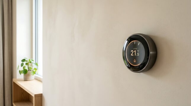 Sleek smart thermostat displaying optimal room temperature on a minimalist wall in a contemporary home environment