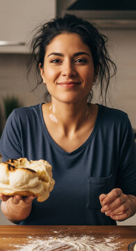 Portrait of smiling woman with vitiligo holding burnt pastry showing funny baking fail in kitchen