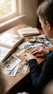 Person exploring vintage photos and keepsakes at a wooden desk